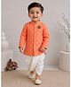 BAATCHEET Cotton Silk Woven Full Sleeves Ethnic Motif Foil Printed & Elephant Applique Detailed Sherwani Dhoti Set - Peach