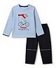 Mini Taurus 100% Cotton Sinker Knit Full Sleeves T-Shirt and Pant with Bear On Bicycle Print in Light Blue