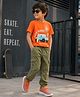 PURPLE UNITED KIDS Single Jersey Half Sleeves Surf Rider Text Printed Tee & Cargo Style Joggers Set - Orange & Olive Green