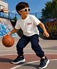 PURPLE UNITED KIDS Single Jersey Woven Half Sleeves Skate Text Printed Tee & Joggers Set - White & Dark Navy Blue