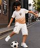 PURPLE UNITED KIDS Single Jersey Woven Half Sleeves Brand Name Printed & Ombre Effect Tee & Shorts Set - White & Beige