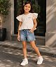 PURPLE UNITED KIDS Poplin Woven Frill Sleeves Brand Logo Embroidered Top & Shorts Set - Off White & Blue