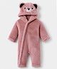 Babyhug Fur Knit Full Sleeves Winter Hooded Romper with Bear Embroidery & Applique - Pink