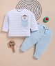Wonderchild Cotton Interlock Knit Full Sleeves T-Shirt and Joggers with Bear Print & Stripes - White & Light Blue