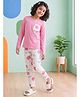 Lil Tomatoes Cotton Knit Full Sleeves Floral & Typography Printed Top & Pajama Night Suit - Pink