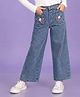 Superminis Denim Knit Floral Embroidered Washed Jeans - Blue