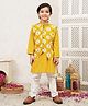 LIL PITAARA Pure Cotton Woven Full Sleeves Floral Printed Kurta & Pyjama With Jacket Set - Yellow