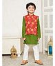LIL PITAARA Pure Cotton Woven Full Sleeves Solid Kurta & Pyjama With Floral Printed Jacket Set - Red & Green