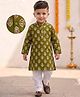 Tiny Bugs Organic Cotton Woven Full Sleeves Floral Printed Kurta & Pyjama Set - Olive Green
