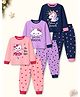 Trampoline Cotton Blend Knit Pack Of 3 Full Sleeves Cat & Unicorn Printed Tee & Pyjamas Night Suit - Pink Blue & Purple