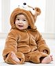 BRANDONN Woven Full Sleeves Animal Face Embroidered Hooded Winter Romper - Brown