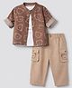 WOW Clothes 100% Cotton Knit Woven Full Sleeves Shirt & Pant Set With Inner Tee Bear Print - Light Brown