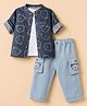 WOW 100% Cotton Knit Full Sleeves Shirt and Tank Top and Pant with Bear Print - Navy Blue