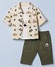 WOW Clothes 100% Cotton Knit Full Sleeves Shirt, T-Shirt and Pant with Full Length and Dog Print & Applique - Dark Green
