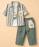 WOW Clothes 100% Cotton Knit Woven Full Sleeves Striped Shirt & Pant Set With Text Printed Inner Tee - Green