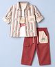 WOW Clothes 100% Cotton Knit Full Sleeves Shirt, T-shirt and Pant Set with Stripes & Bear Print & Applique - Rust Orange & White