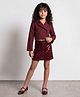 Taffykids Knit Woven Full Sleeves Wrap Around Tie- Up Crop Blazer With Sequin Skirt Set - Maroon