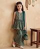 Bella Moda Woven Sleeveless Leaves Printed & Gota Lace Embellished Peplum Top & Palazzo with Dupatta Set - Green