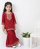 Bella Moda Cotton Blend Woven Three Fourth Sleeves Floral & Ethnic Motifs Embroidered Kurti Sharara Set - Red