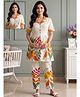 True Shape Cotton Flax Woven Half Sleeves Leaves Printed Maternity Kurti & Pants Set WIth Side Zipper Nursing Access - White