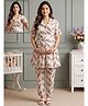 True Shape Pure Cotton Flax Woven Half Sleeves Leaves Printed Coordinating Kurti & Pants With Side Zipper Nursing Access - Off White