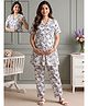 True Shape Pure Cotton Flax Woven Half Sleeves Floral Printed Coordinating Kurti & Pants With Side Zipper Nursing Access - White