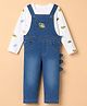 Babyhug Single Jersey Knit Full Sleeves Tee and Denim Dungaree with Full Length and Dinosaur Print - White