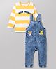 Babyhug Single Jersey Knit Full Sleeves Striped Tee and Denim Dungaree with Full Length and Tiger, Giraffe Patch - Orange & Blue