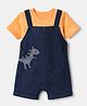 Babyhug Single Jersey Knit Denim Dungaree Set With Half Sleeves T-Shirt & Dinosaur Embroidery - Peach