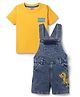 Babyhug Single Jersey Knit Half Sleeves Tee and Denim Dungaree Set with Dinosaur Patch - Orange