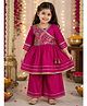 Vastrarth Cotton Silk Woven Three Fourth Sleeves Paisley & Floral Embroidered Lace Embellished Angarakha Style Kurti & Palazzo Set - Pink