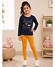 3PIN Cotton Knit Full Sleeves Follow Your Star Text Foil Printed Tee & Leggings Set - Navy Blue