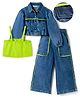 OLLINGTON ST. Cotton Denim Full Sleeves Jacket, Top and Pant with Full Length and Contrast Piping - Blue & Neon Green