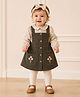 My Milestones Cotton Knit Solid Pinafore Dress With Full Sleeves Floral Printed Top & Headband - Off White