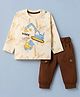 Mini Taurus 100% Cotton Knit Full Sleeves T-Shirt and Joggers Set with Vehicle & Text Print - Brown