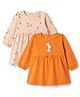 Doodle Poodle 100% Cotton Single Jersey Knit Frocks with Full Sleeves and Rabbit Print with Bow Pack of 2 - Light Peach, & Orange