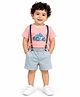 Bloomup Cotton Blend Knit Half Sleeves Monster Truck Printed Tee & Shorts Set WIth Suspender - Ash