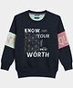 Duke Cotton Fleece Blend Knit Round Rib at Neck Sweatshirt with Full Sleeves and Know Your Worth Slogan Print - Blue