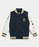 Duke Woven Front Buttons Bomber Jacket with Full Sleeves and Varsity Print & Crest Embroidery - Navy Blue