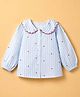Babyhug 100% Cotton Poplin Front Open Top with Full Peasant Sleeves and Stripes with Hearts Print - White & Blue