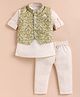 MUSHROO Textile Knit Full Sleeves Solid Kurta & Pyjama With Thread Work Embroidered Floral Printed Jacket Set - Olive Green