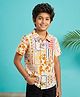 Kiddopanti Cotton Woven Half Sleeves Tree Fruits & Sun Printed Shirt - Cream