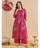 Zelena 100% Cotton Knit Full Sleeves Floral Printed Maternity Kurti & Pants Set With Front Open Nursing Access - Pink