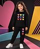 NUSYL Cotton Blend Knit Full Sleeves Hearts Printed Sweatshirt & Joggers Set - Black