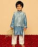 DULAAR Chanderi Woven Full Sleeves Solid Kurta & Pyjama With Leaves Printed Jacket Set - Sky Blue