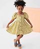 FOSTRIC Cotton Woven Half Puffed Sleeves Floral Printed Dress - Yellow