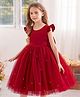 FOSTRIC Tulle Woven Frill Sleeves Pearls Embellished Dress - Red