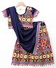 Ridokidz Cotton Blend Woven Half Sleeves Floral & Ethnic Motifs Embroidered Navratri Theme Choli & Lehenga Set With Dupatta - Navy Blue
