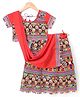 Ridokidz Cotton Blend Woven Half Sleeves Floral & Ethnic Motifs Embroidered Navratri Theme Choli & Lehenga Set With Dupatta - Red