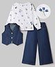 OLLINGTON ST. Denim Vest, Top and Trouser with Full Sleeves and Floral Print - Blue